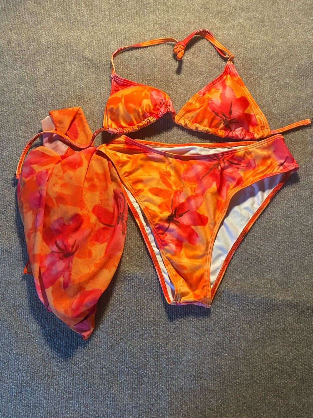 Vibrant Orange Pink Floral Triangle Bikini Set with Sarong
